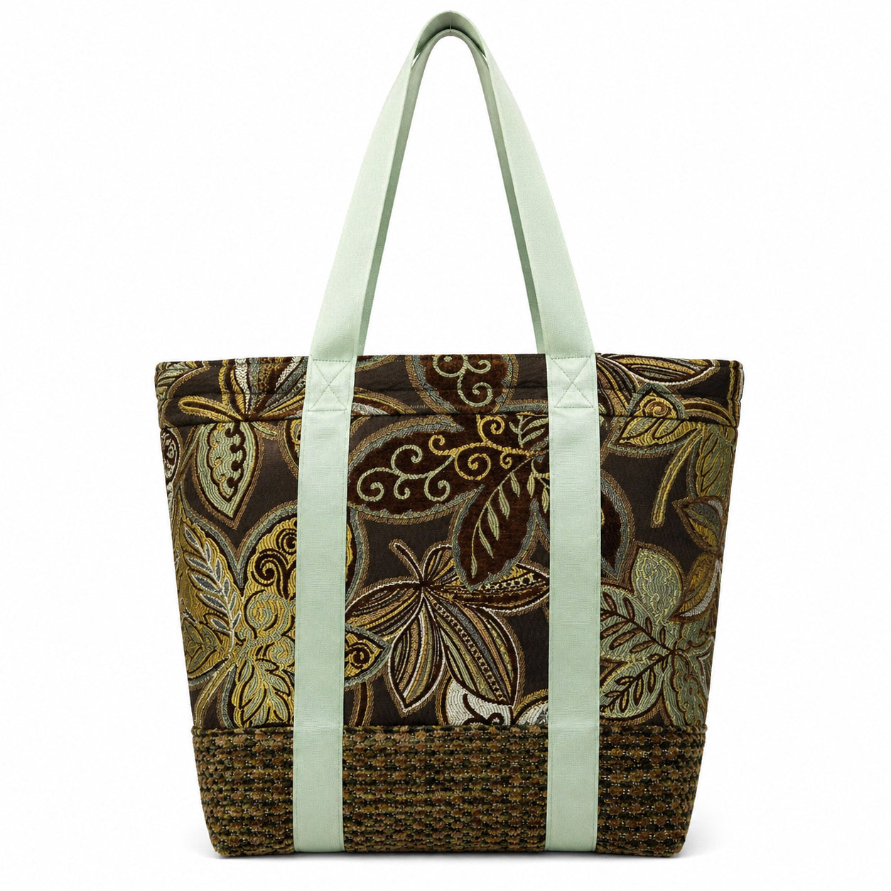 Tote Bag: Velvety brown and green floral design tote bag with an inside pocket.