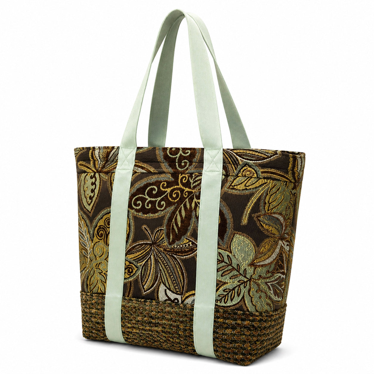 Tote Bag: Velvety brown and green floral design tote bag with an inside pocket.