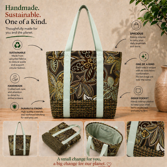 Tote Bag: Velvety brown and green floral design tote bag with an inside pocket.