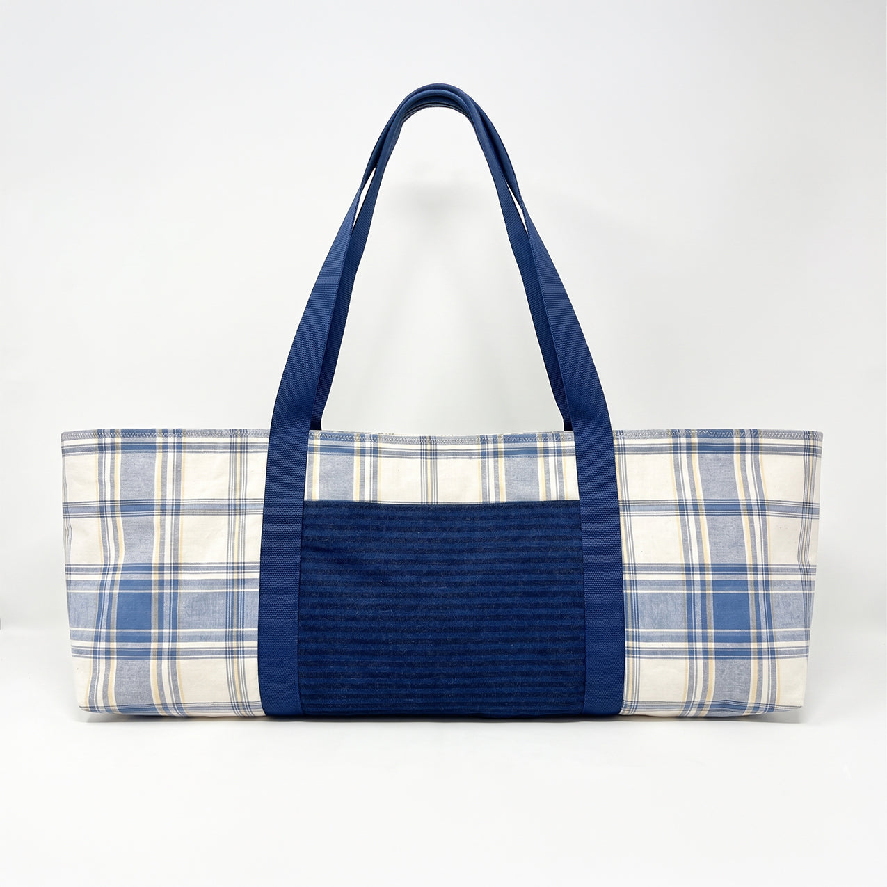 Yoga Mat Bag - Blue plaid with striped denim outside pocket