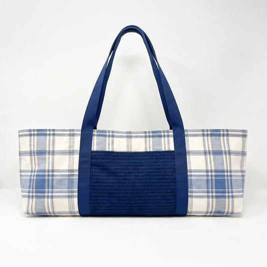 Yoga Mat Bag - Blue plaid with striped denim outside pocket