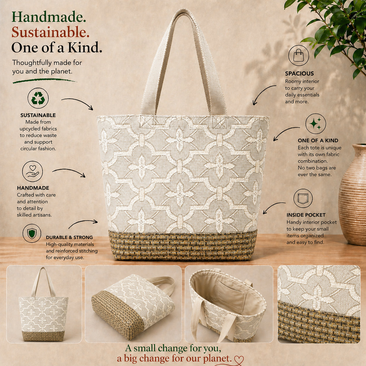 Tote Bag: Geometric Pattern Upcycled Tote Bag – Handmade Sustainable Utility Bag