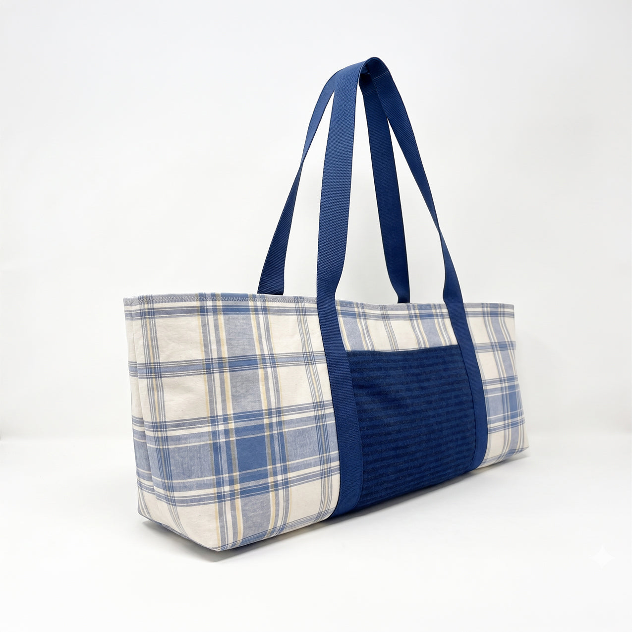 Yoga Mat Bag - Blue plaid with striped denim outside pocket