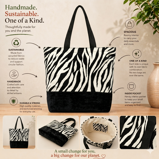 Tote Bag: Zebra Stripe Recycled Cotton Handmade Tote – Bold & Sustainable Fashion Bag
