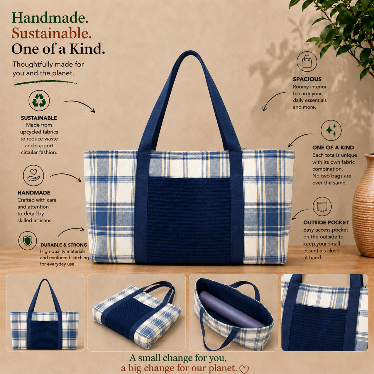 Yoga Mat Bag - Blue plaid with striped denim outside pocket