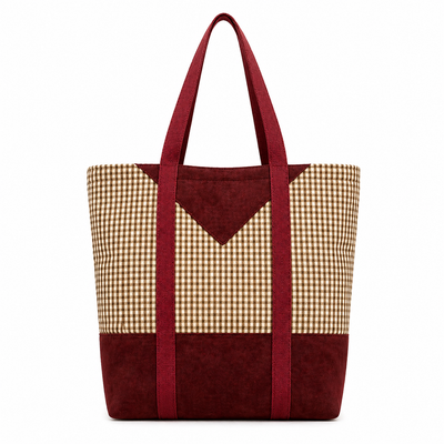 Small Check & Burgundy Base Recycled Cotton Tote – Chic Sustainable Handmade Bag