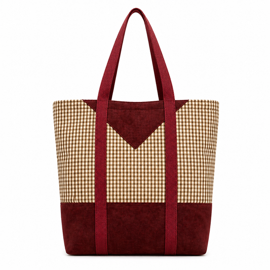 Small Check & Burgundy Base Recycled Cotton Tote – Chic Sustainable Handmade Bag