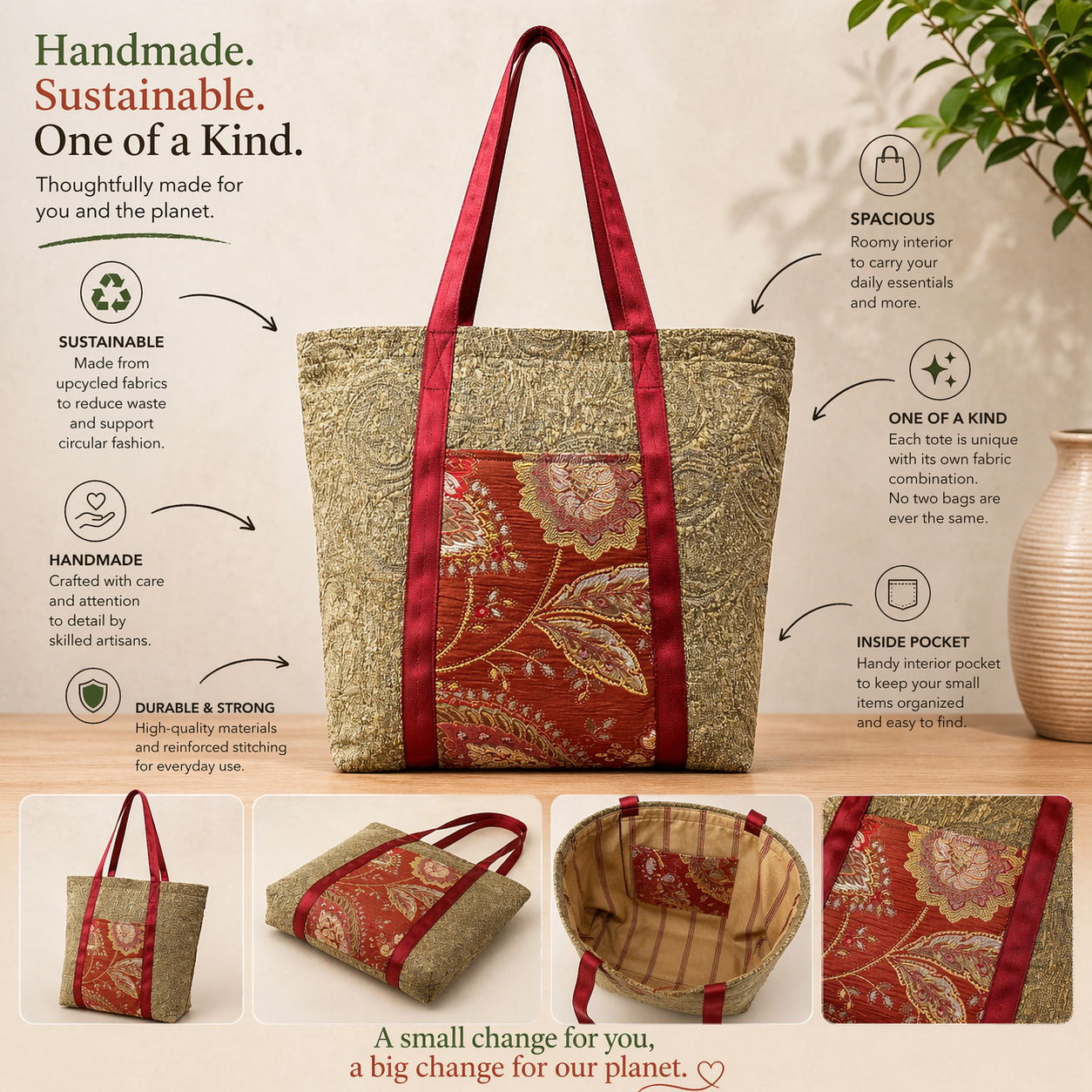 Tote Bag: Vibrant reds and golds in a floral pattern - Outside Pocket - everyday use Tote bag .