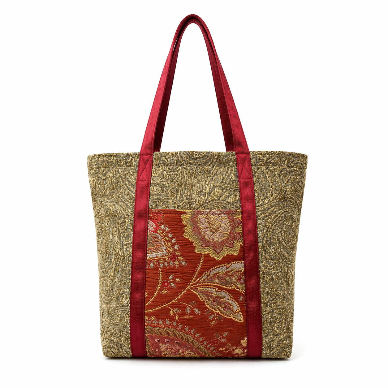 Tote Bag: Vibrant reds and golds in a floral pattern - Outside Pocket - everyday use Tote bag .