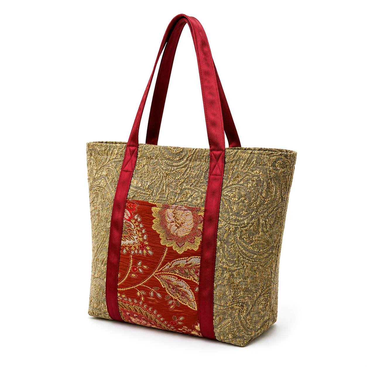 Tote Bag: Vibrant reds and golds in a floral pattern - Outside Pocket - everyday use Tote bag .