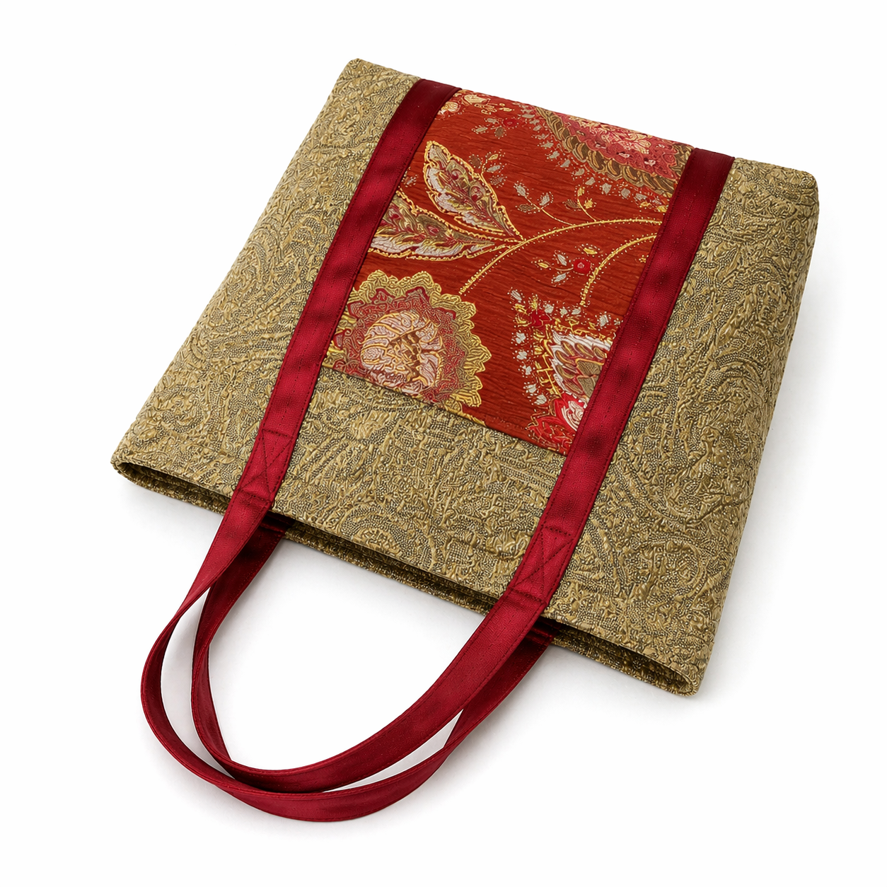 Tote Bag: Vibrant reds and golds in a floral pattern - Outside Pocket - everyday use Tote bag .