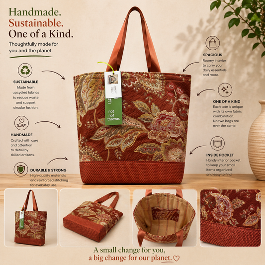 Tote Bag: Rich terra cotta colored floral design - eco friendly tote bag