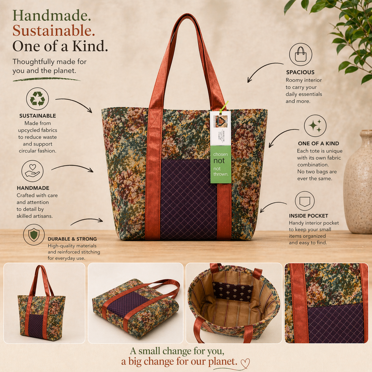 Tote Bag: Upcycled Floral Tapestry Tote Bag – Outside pocket - Handmade Eco-Friendly Everyday Carry