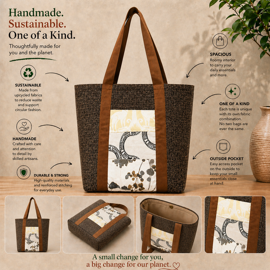 Tote Bag: Brown & white - Outside pocket - everyday use tote bag