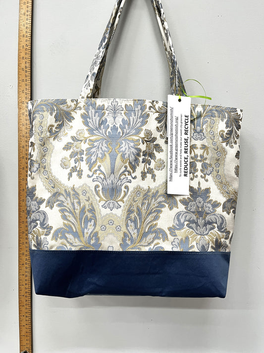 Pale Blue Floral Print Upcycled Tote Bag with Dusky Blue Base – Handmade Sustainable Carryall