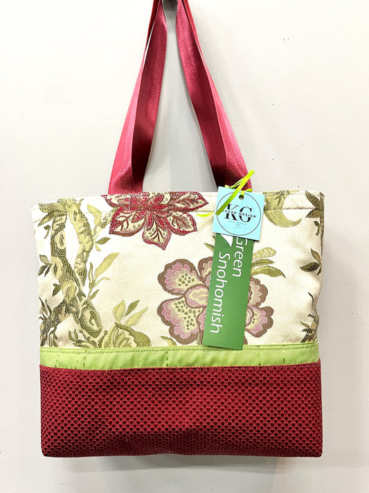 Tote Bag pink flowers with a rose red base and an inside pocket