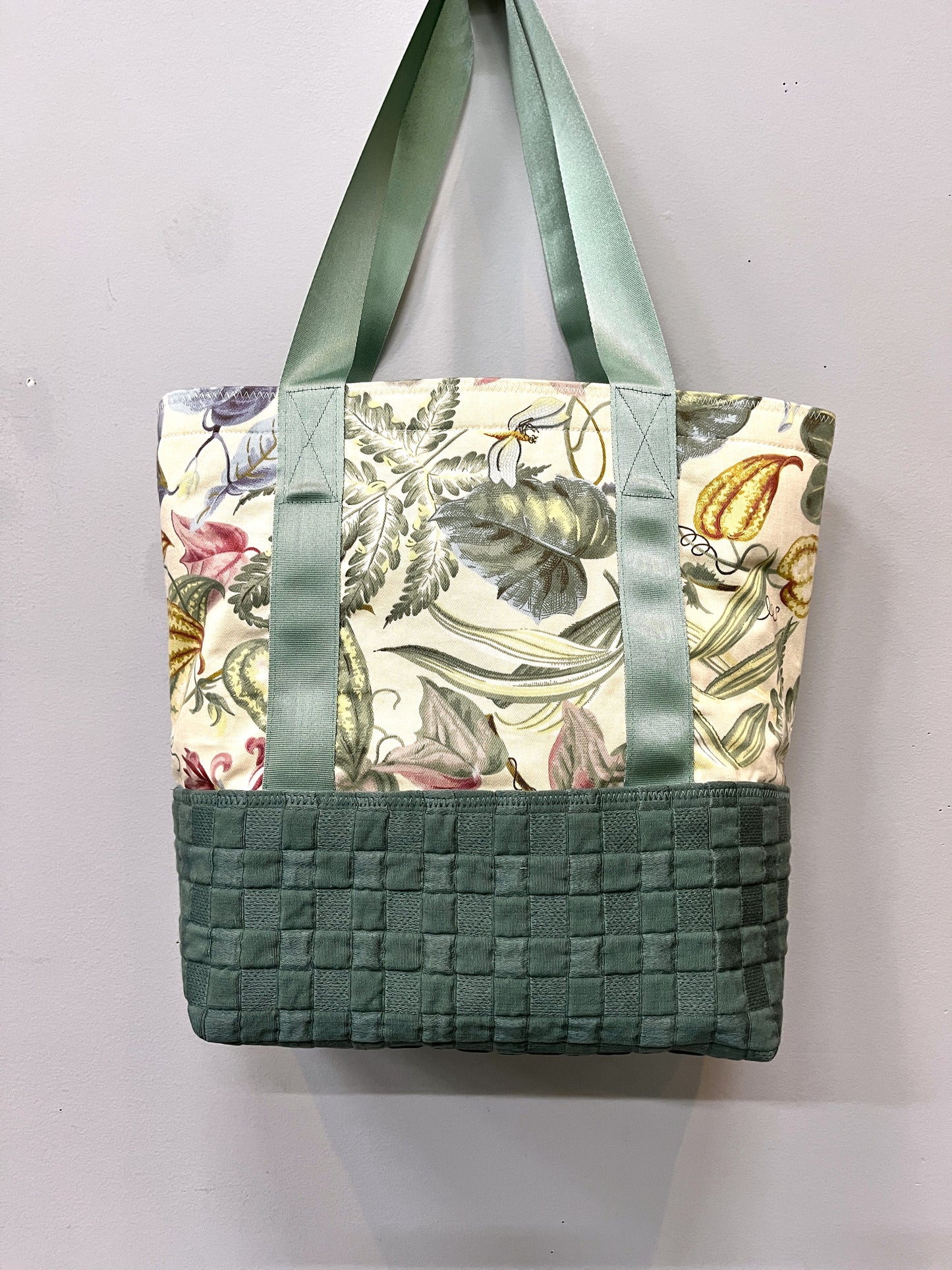 Tote Bag soft teal base with floral top and inside pocket