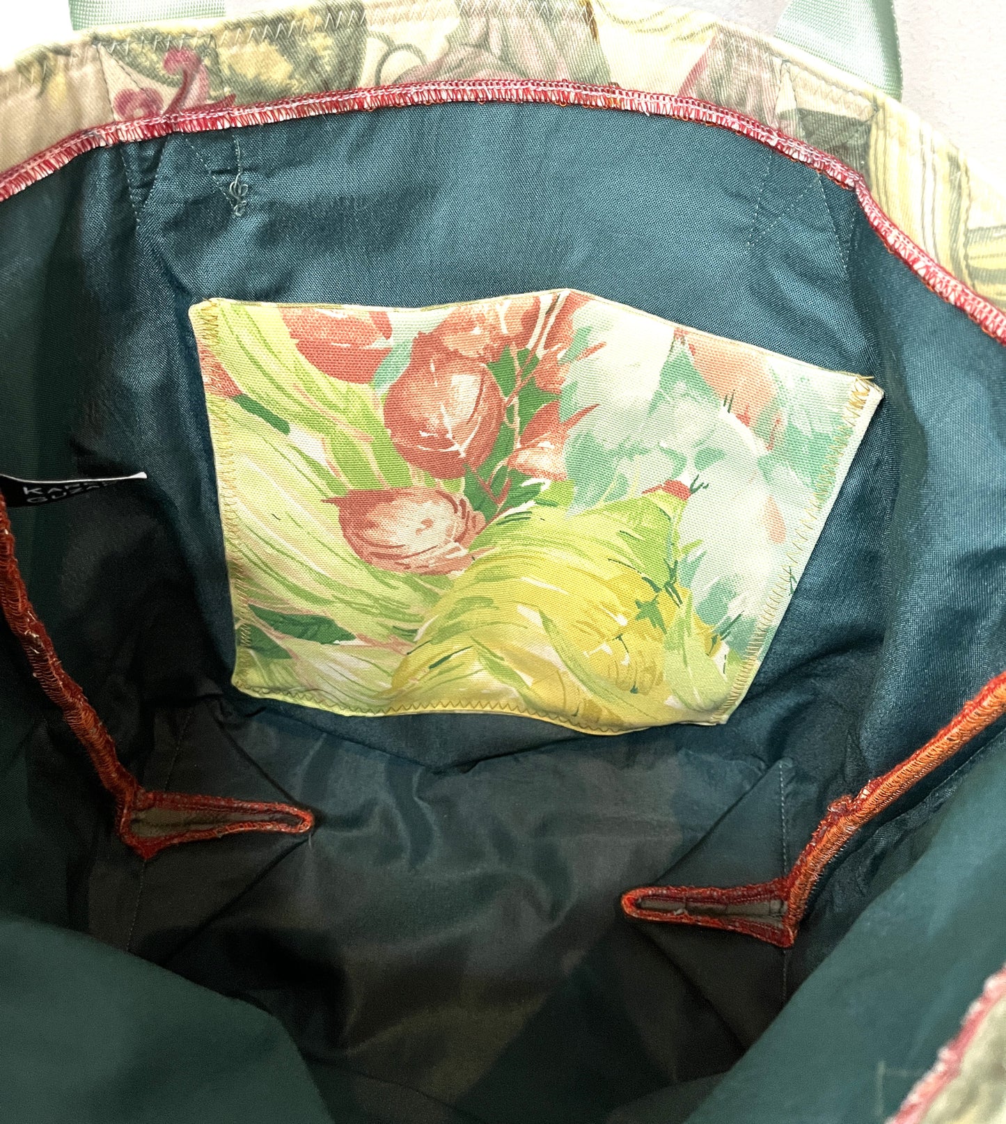 Tote Bag soft teal base with floral top and inside pocket