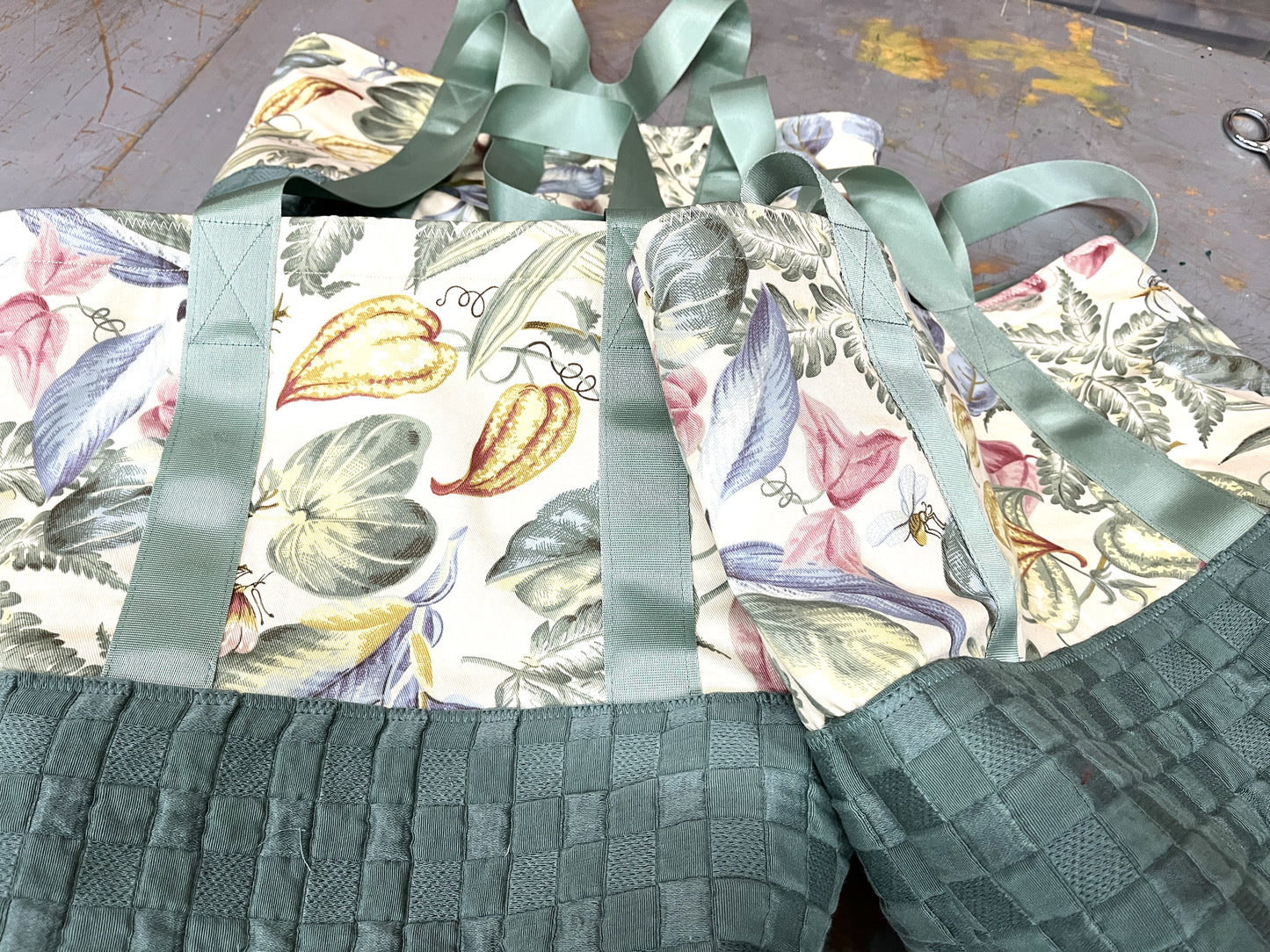 Tote Bag soft teal base with floral top and inside pocket