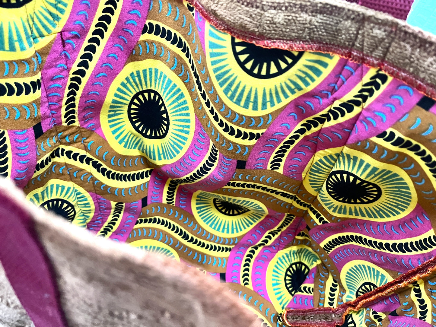 Tote Bag with handwoven Ikat stripes on the outside pocket - colorful lining