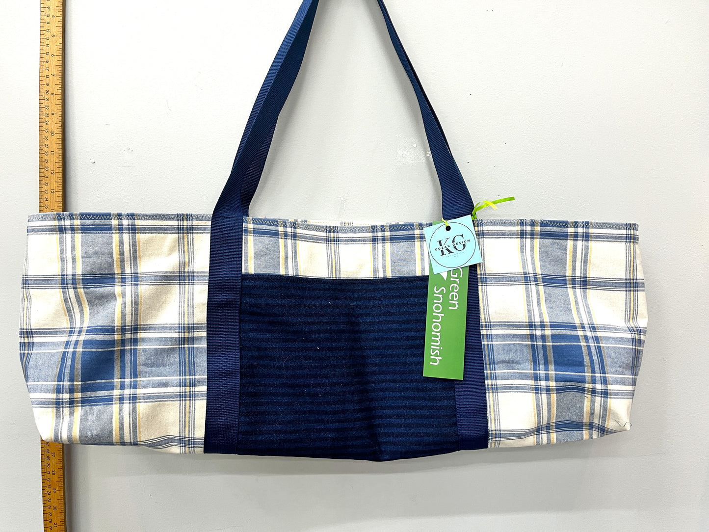 Yoga Mat Bag - Blue plaid with striped denim outside pocket