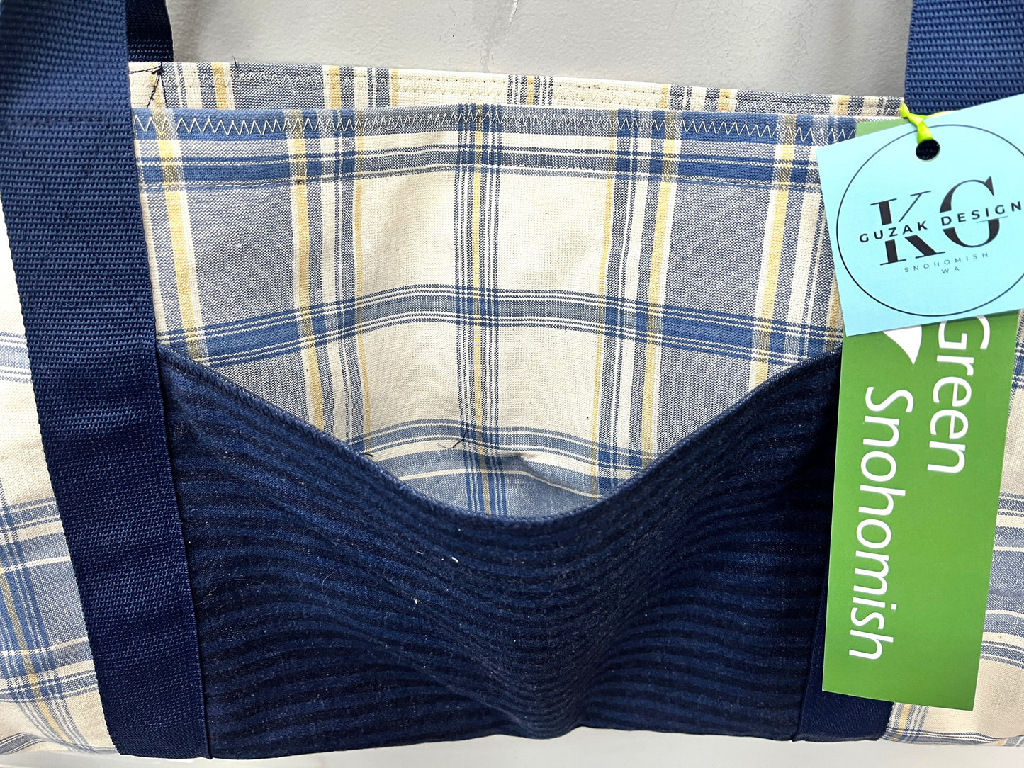 Yoga Mat Bag - Blue plaid with striped denim outside pocket