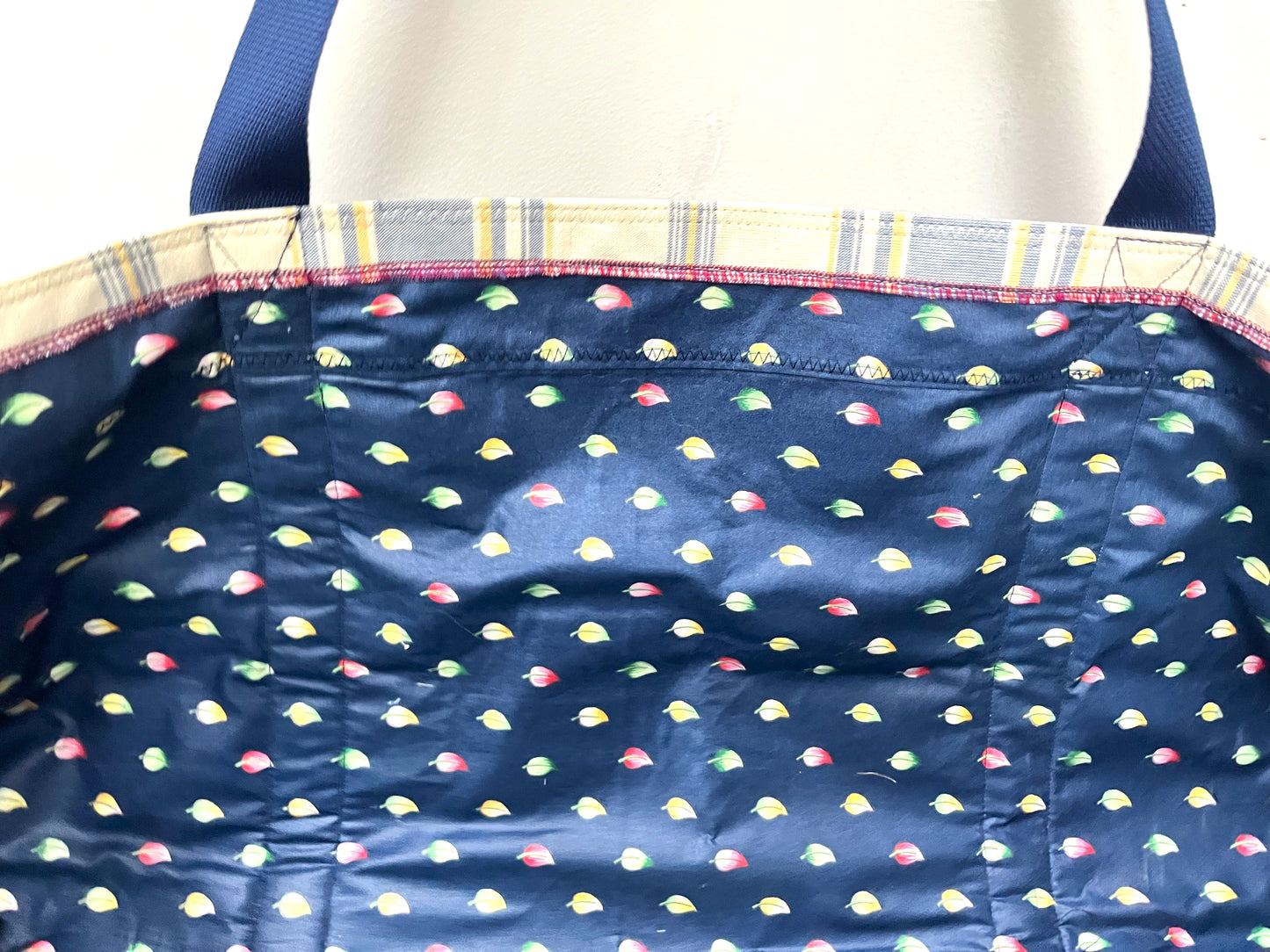 Yoga Mat Bag - Blue plaid with striped denim outside pocket