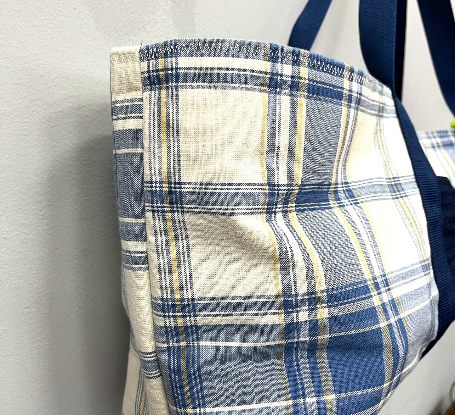 Yoga Mat Bag - Blue plaid with striped denim outside pocket