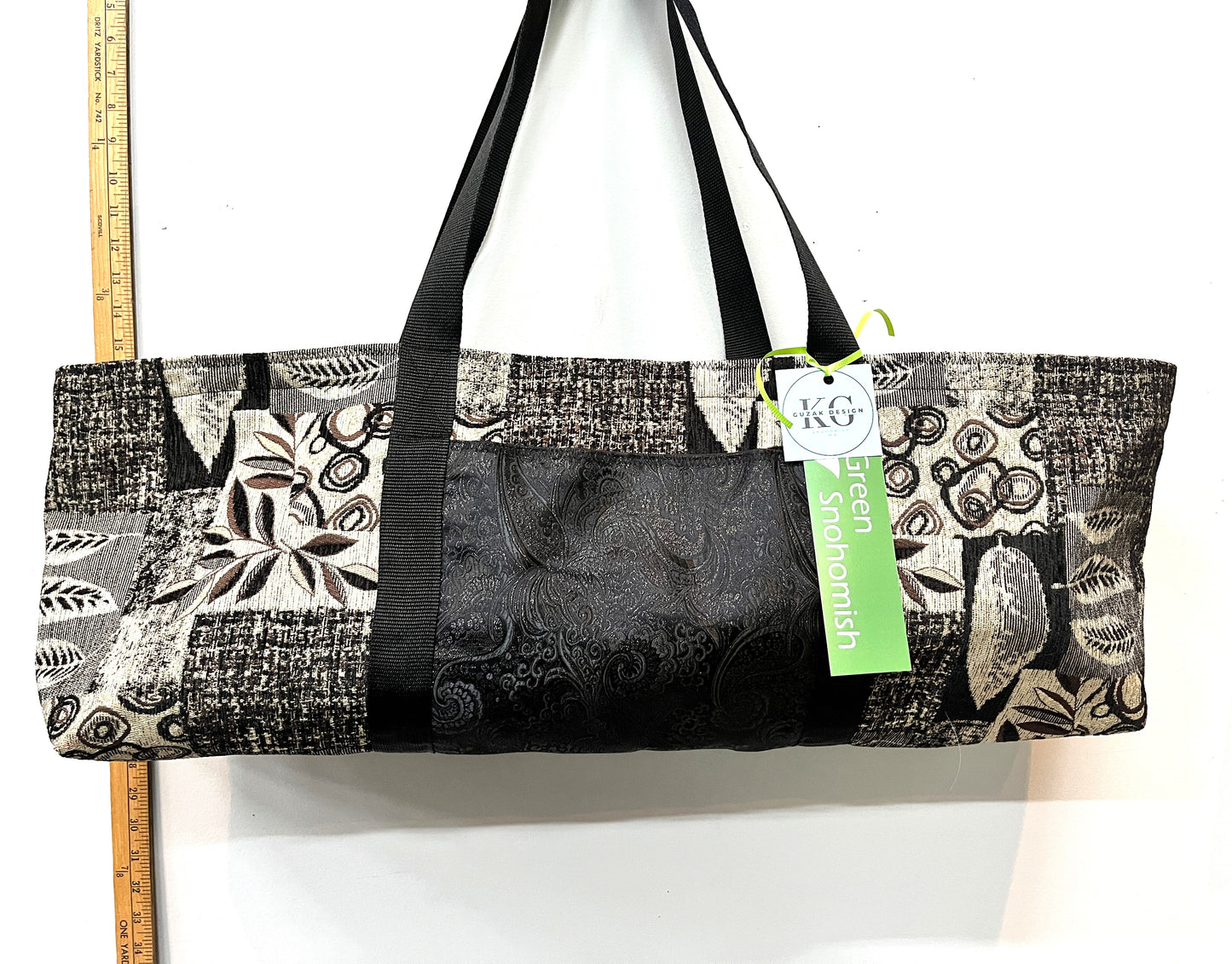 Yoga Mat Bag gray and Black plant pattern outside pockets  beige lining