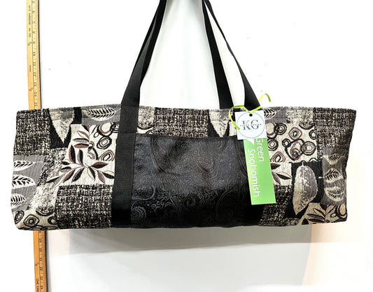 Yoga Mat Bag gray and Black plant pattern outside pockets  beige lining
