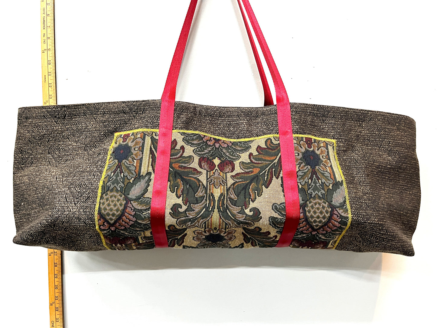 Yoga Mat Bag brown with needlepoint outside pocket and red lining
