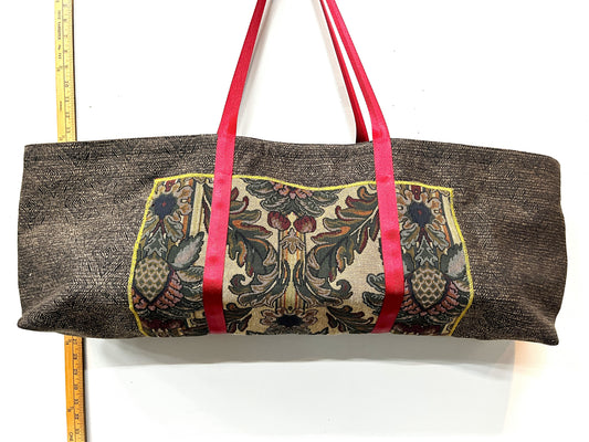 Yoga Mat Bag brown with needlepoint outside pocket and red lining