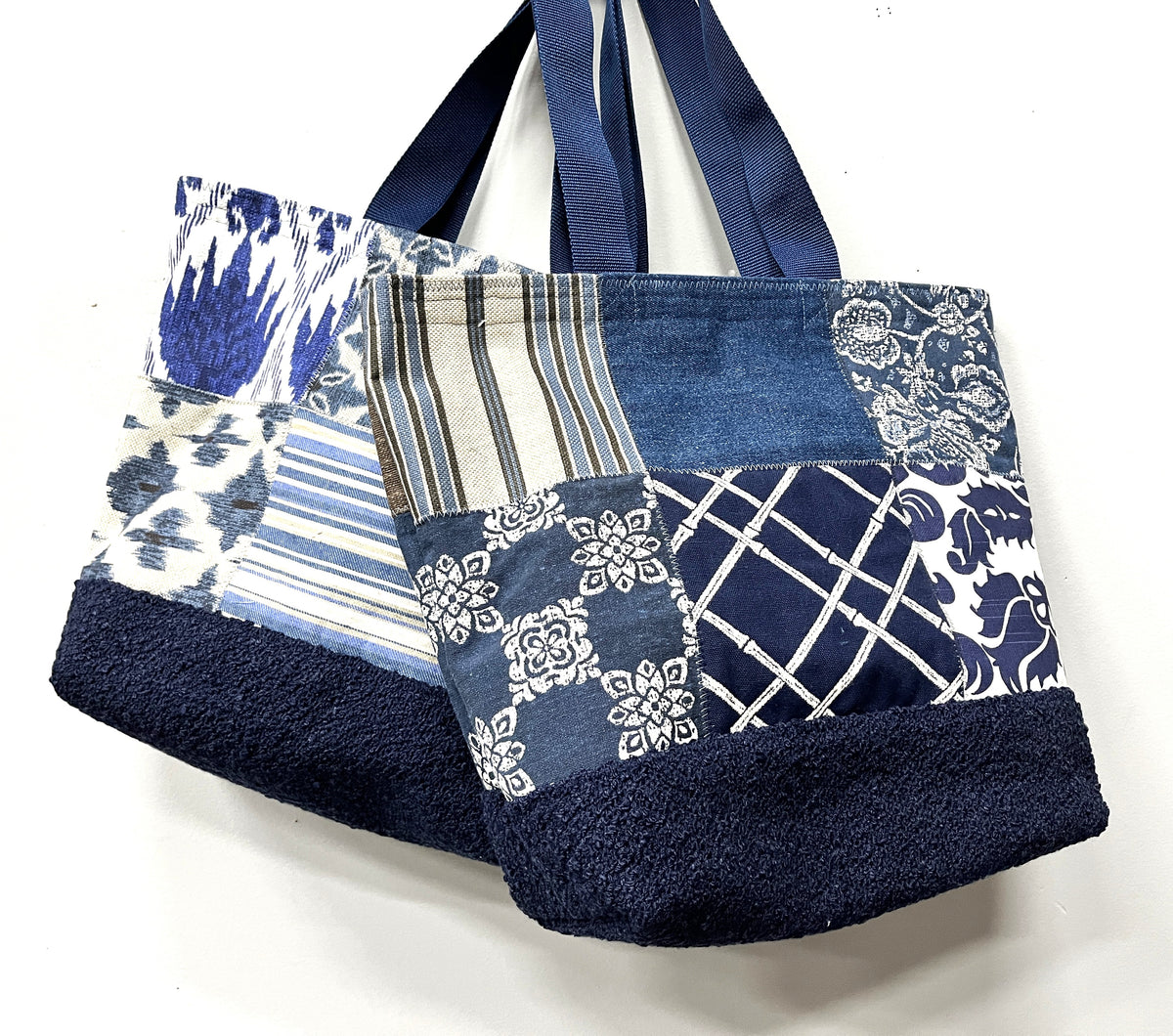 Tote Bag: Blue fabric samples quilted #1 inside pocket, zipper closure