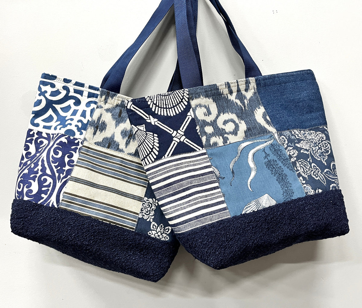 Tote Bag: Blue fabric samples quilted #1 inside pocket, zipper closure