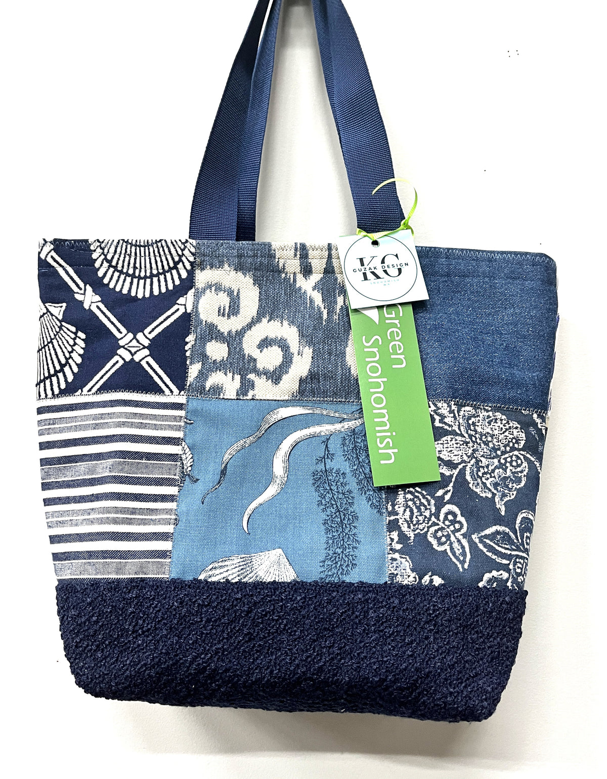 Tote Bag: Blue fabric samples quilted #1 inside pocket, zipper closure