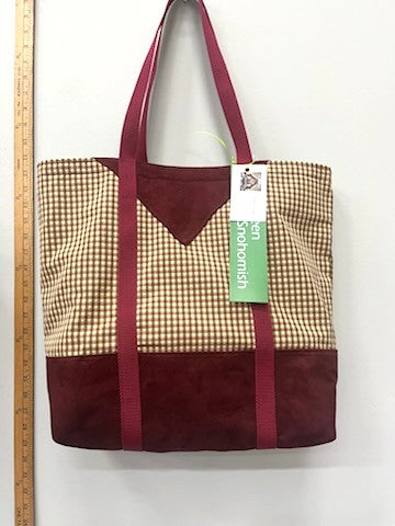 Small Check & Burgundy Base Recycled Cotton Tote – Chic Sustainable Handmade Bag