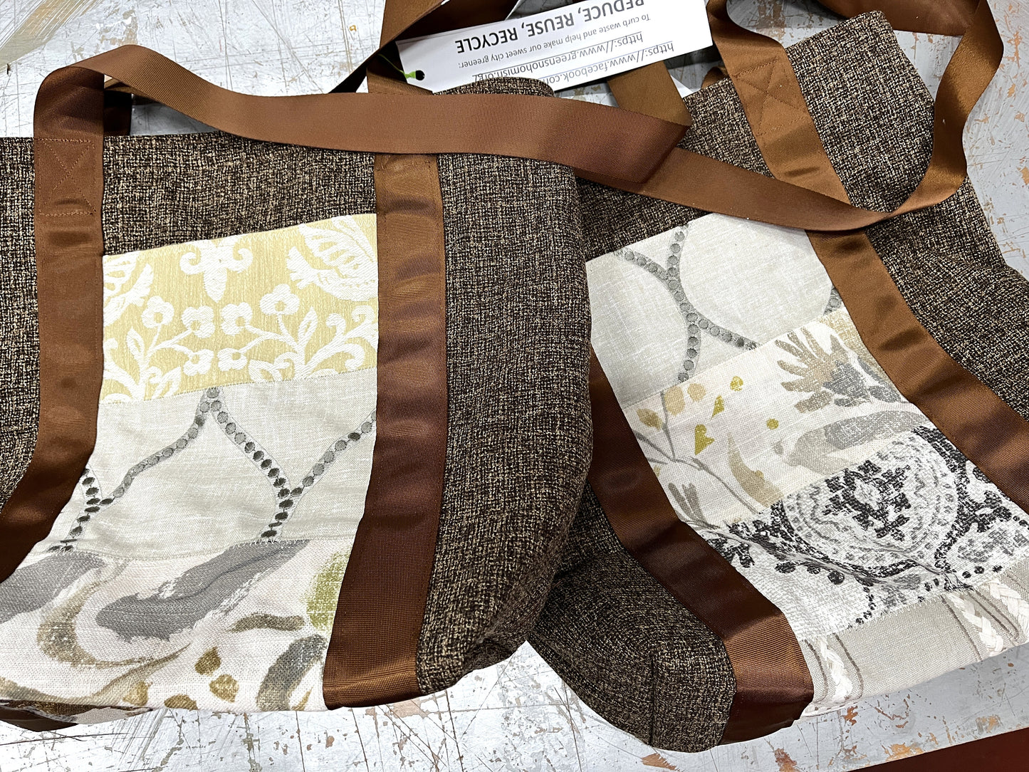 Tote Bag: Brown & white - Outside pocket - everyday use tote bag