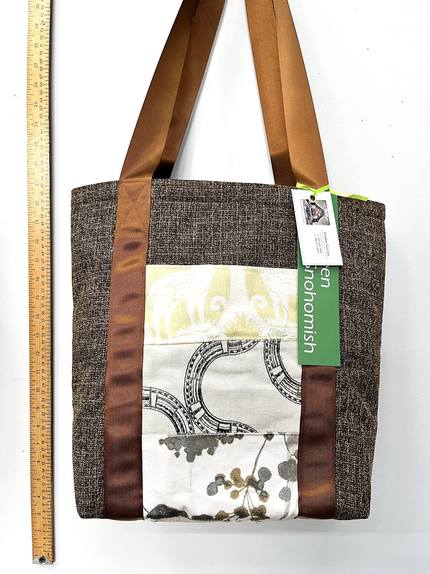 Tote Bag: Brown & white - Outside pocket - everyday use tote bag