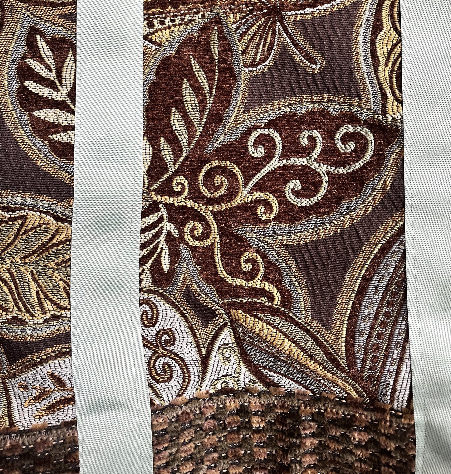 Tote Bag: Velvety brown and green floral design tote bag with an inside pocket.