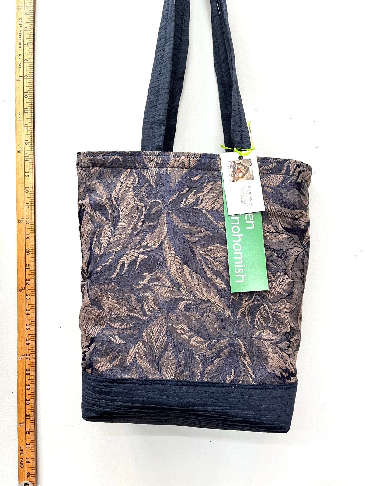 Navy and Taupe leaf pattern with navy base and straps - Lightweight - Eco conscious.