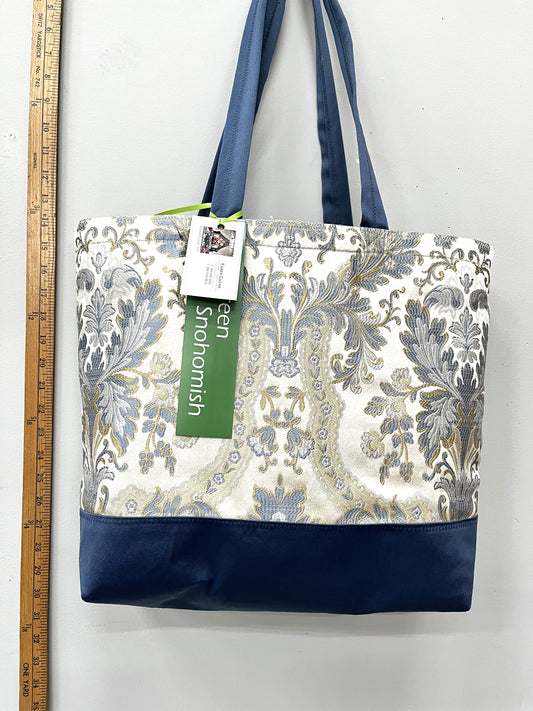 Pale Blue Floral Print Upcycled Tote Bag with Dusky Blue Base – Handmade Sustainable Carryall