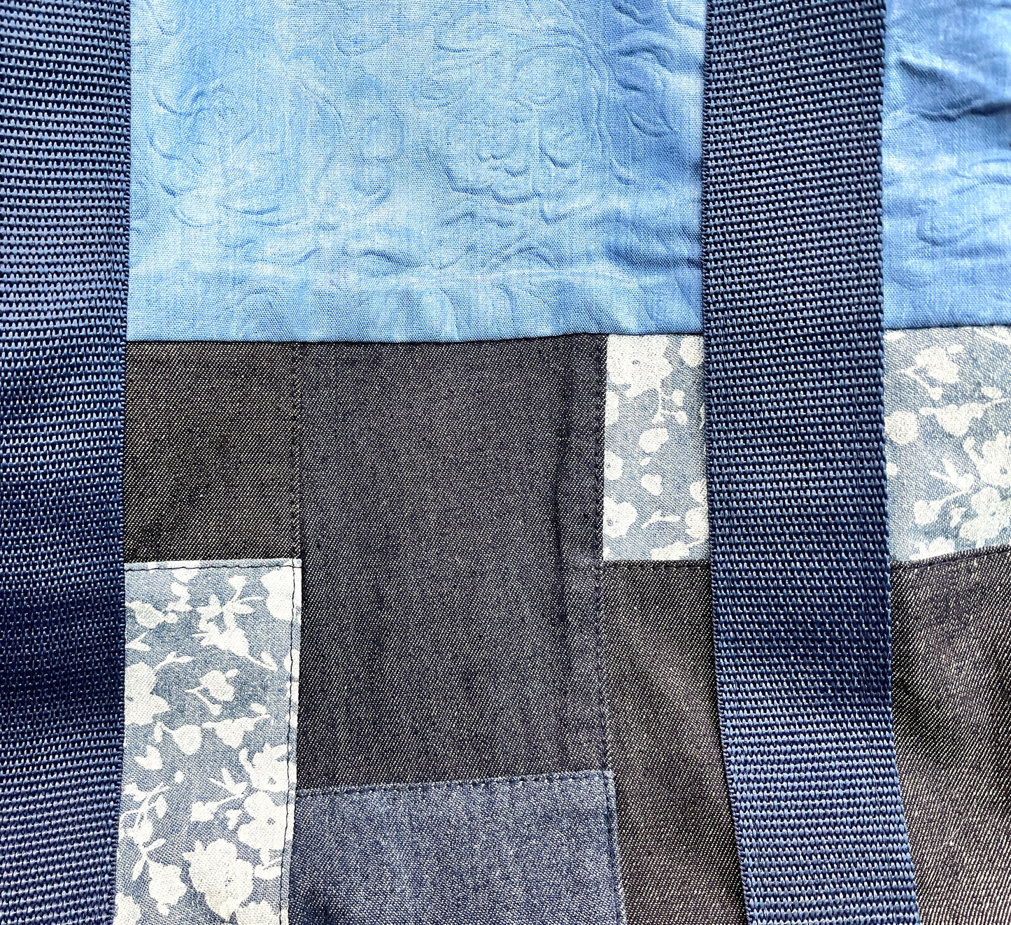 Tote Bag: Quilted Blue Denim Upcycled Tote Bag – Handmade Recycled Denim Everyday Carry