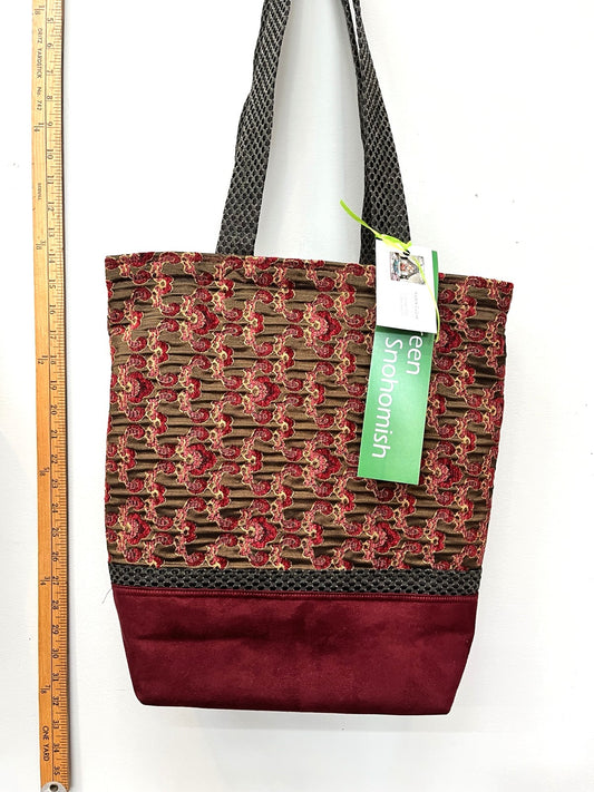 Handcrafted Repurposed Red Squiggles Tote with Burgundy Faux Suede Base – Unique Design