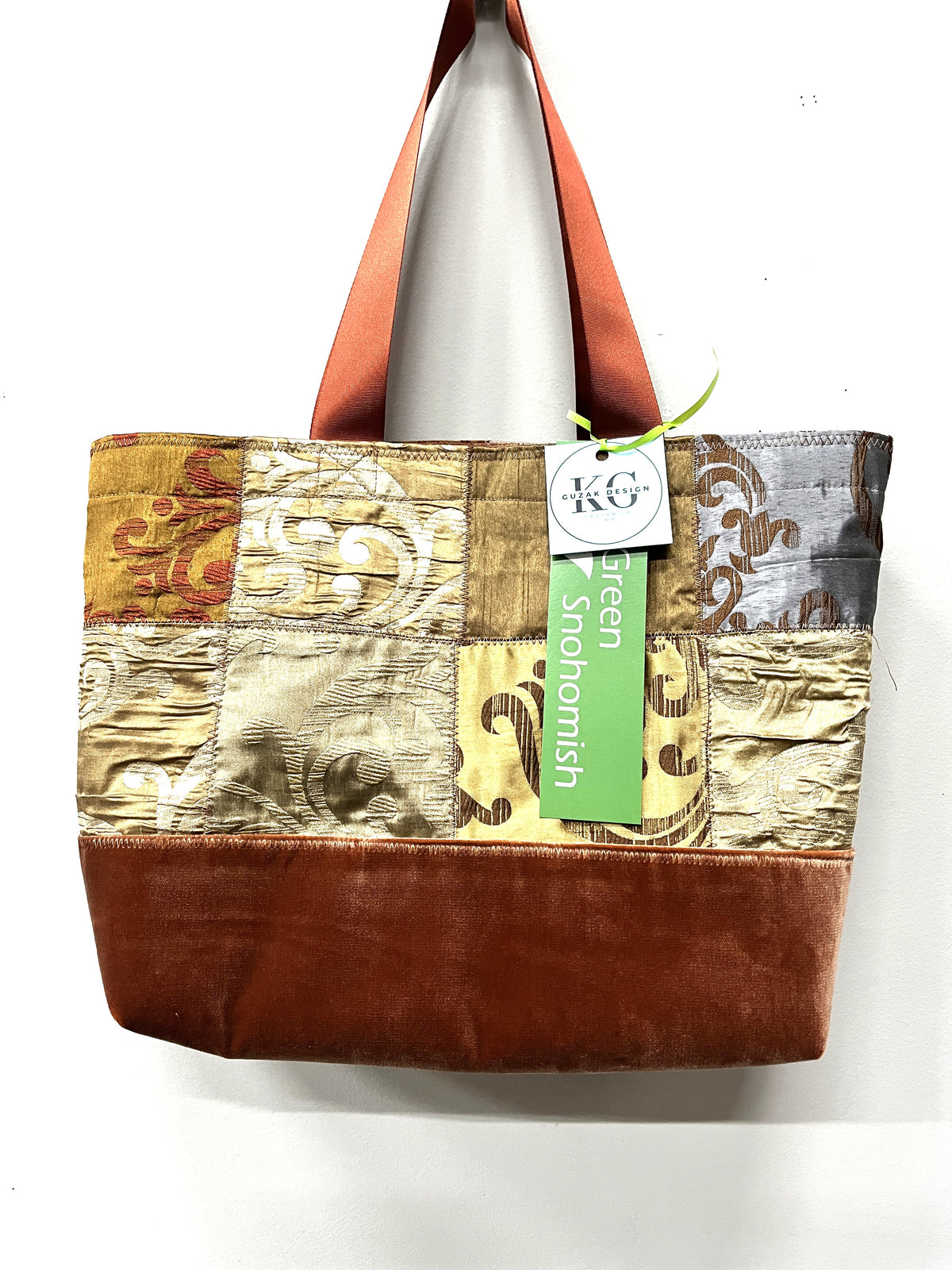 Tote Bag: rusty velvet base, fabric samples quilted top - inside pocket