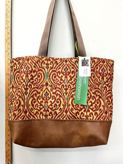 Rust Scroll Recycled Cotton Tote Bag with Leatherette Base – Handmade & Eco-Friendly
