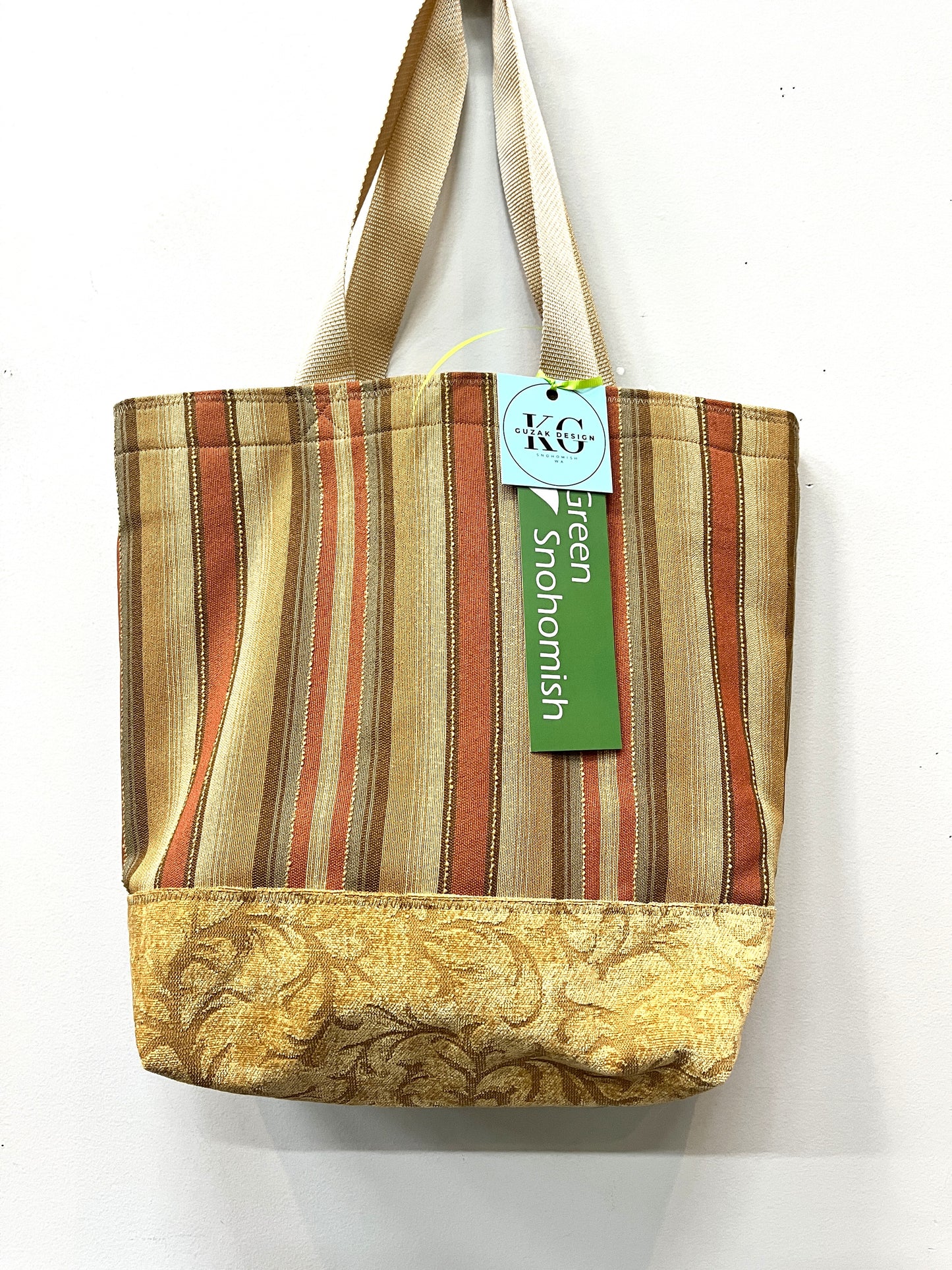 Tote Bag gold and rust stripes vertical plus a variant with an inside pocket