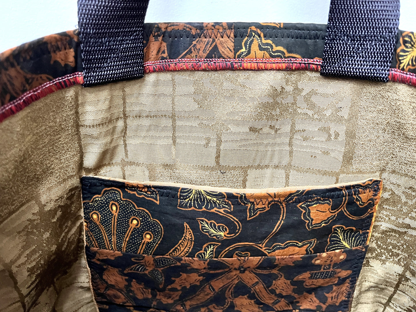 Tote bag - Thai hand printed cotton Batik fabrics - one geometric, the other floral - inside pocket