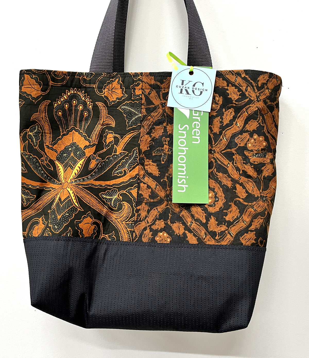 Tote bag - Thai hand printed cotton Batik fabrics - one geometric, the other floral - inside pocket