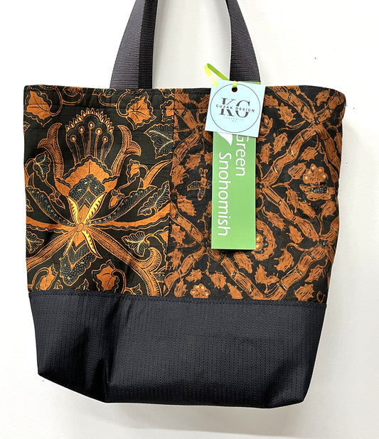 Tote bag - Thai hand printed cotton Batik fabrics - one geometric, the other floral - inside pocket