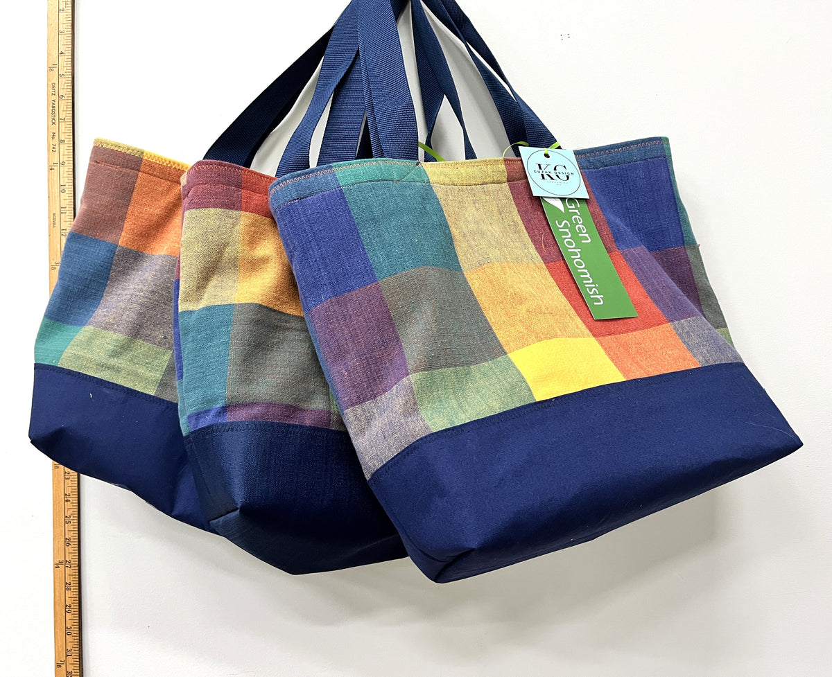 Tote bag - Blue plaid cotton handwoven fabric with an inside pocket